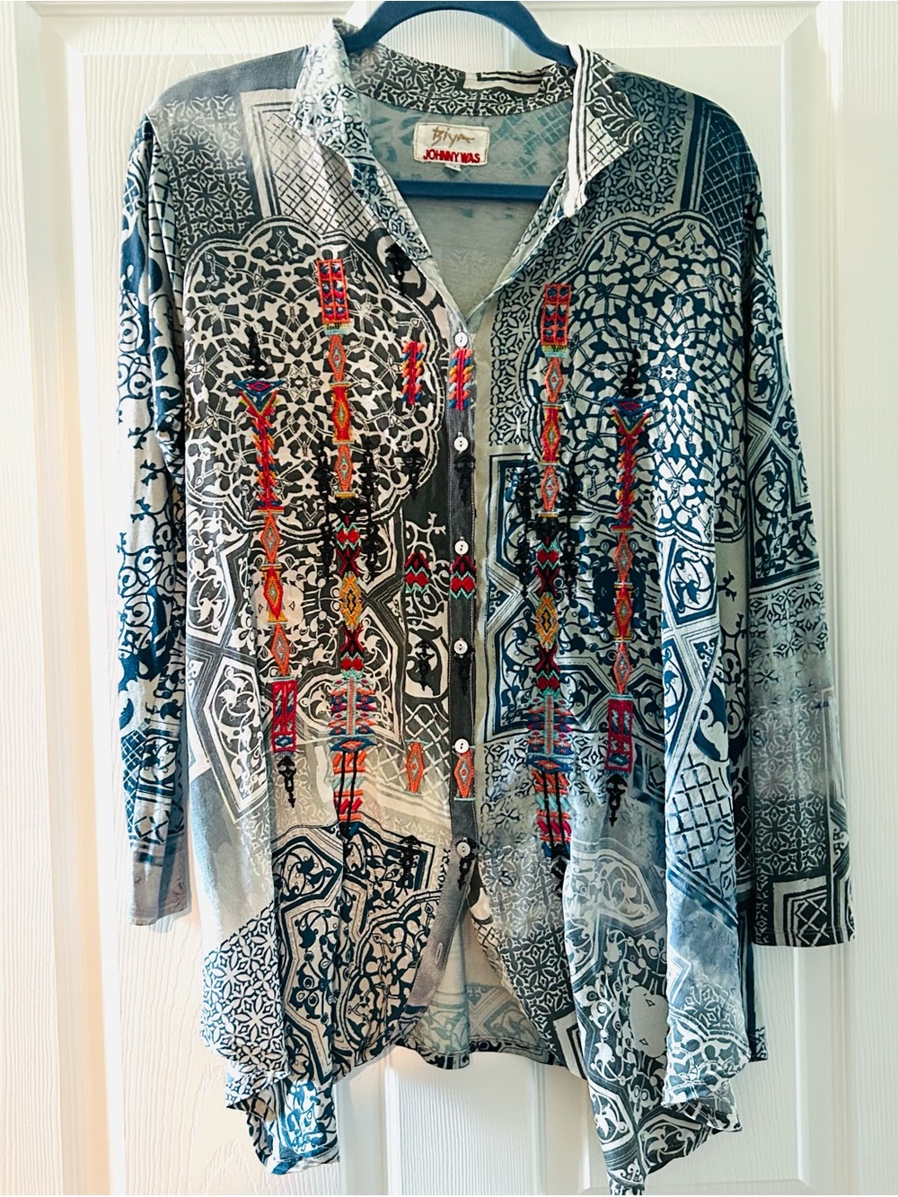 Johnny Was Briony Blue & Gray Embroidered Button-Down Shirt - Picture 2 of 7
